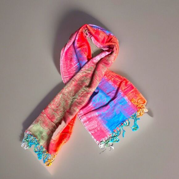 Pashmina Italian Cashmere Silk Paisley Large Scarf Wrap Tassel Fringe NWOT - Picture 1 of 8
